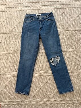 Abercrombie & Fitch Dark Blue Straight Leg Jeans with Knee Rip